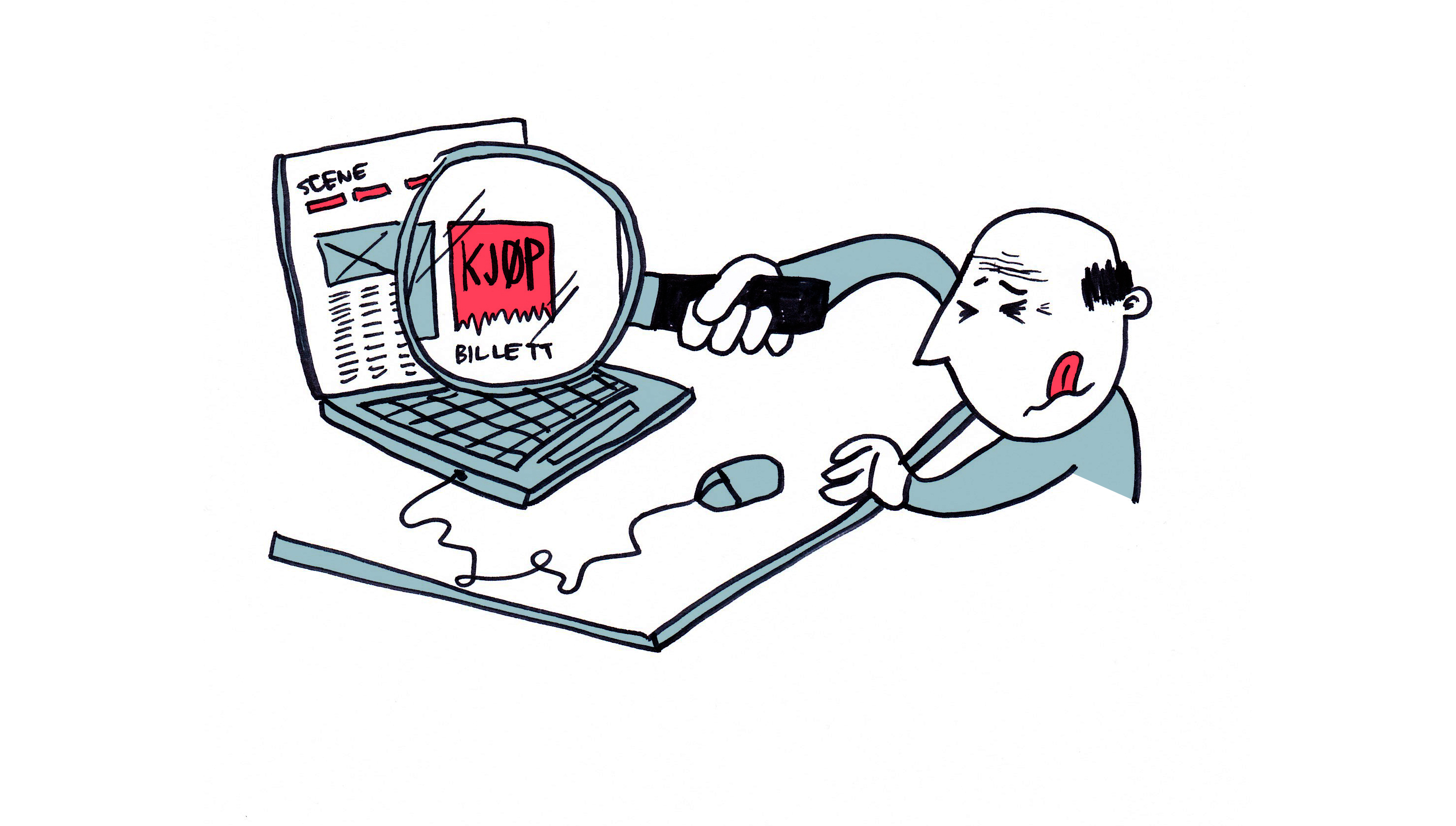 Illustrasjon av noen som ikke kan lese det som står på PC skjermen og derfor må bruke forstørrelsesglass.