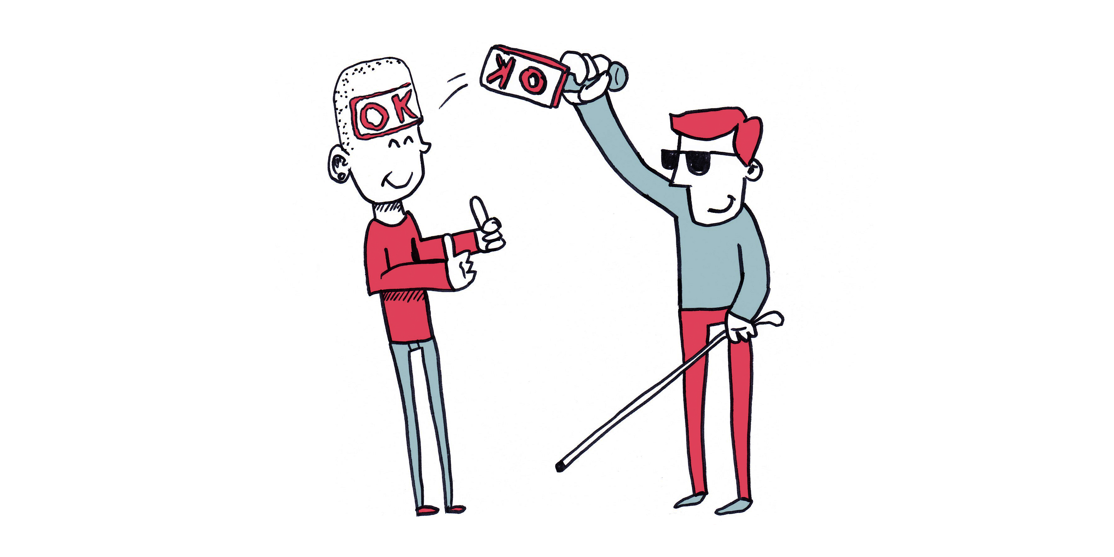 Dekorativ illustrasjon av en blind person som stempler en annen med OK merket i pannen.